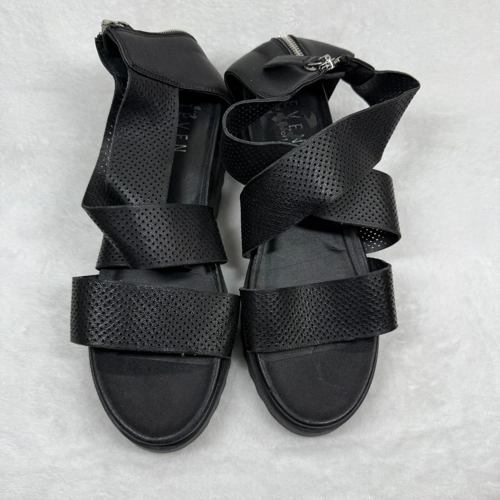 Steven by Steve Madden Kari Black Leather Perforated Platform Sandals Womens 11M